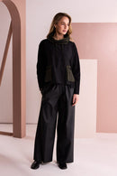Stripe Drawstring Neck Top - Black/avacado
