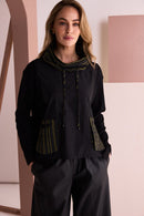 Stripe Drawstring Neck Top - Black/avacado