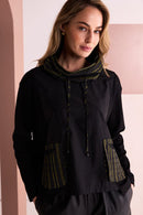 Stripe Drawstring Neck Top - Black/avacado
