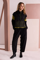 Stripe Pocket Drawstring Neck Top - Black/avacado