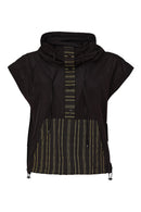 Stripe Pocket Drawstring Neck Top - Black/avacado