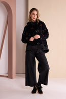 Contrast Hood Print Jaquard Top - Black/tigerlily