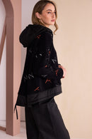 Contrast Hood Print Jaquard Top - Black/tigerlily