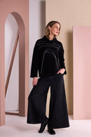 High Neck Placement Print Knit Top - Black/silver