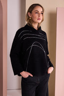 High Neck Placement Print Knit Top - Black/silver