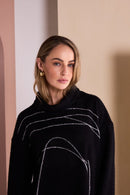 High Neck Placement Print Knit Top - Black/silver