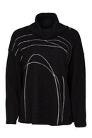 High Neck Placement Print Knit Top - Black/silver