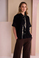 Print Button Through Crinkle Shirt - Black/sand