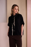 Print Button Through Crinkle Shirt - Black/sand