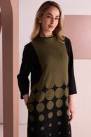 Contrast Sleeve Print High Neck Dress - Black/avocado