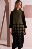 Contrast Sleeve Print High Neck Dress - Black/avocado