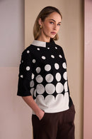 Cutaway Collar Spot Print Top - Black/sand