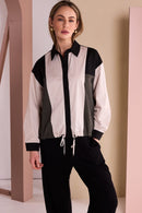 Button Through Drawstring Hem Top - Black/thyme