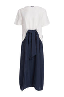 Tie Belt Round Neck Dress - White/eclipse