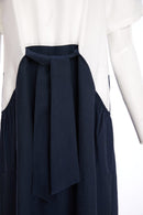 Tie Belt Round Neck Dress - White/eclipse