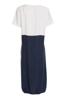Tie Belt Round Neck Dress - White/eclipse