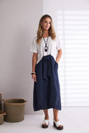 Tie Belt Round Neck Dress - White/eclipse