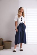 Tie Belt Round Neck Dress - White/eclipse