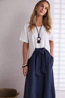 Tie Belt Round Neck Dress - White/eclipse