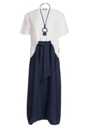 Tie Belt Round Neck Dress - White/eclipse