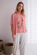 Striped Round Neck Knit Top - Camellia