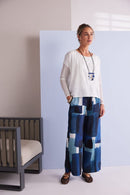 Patchwork Print Pull Up Trouser - Denim Blue