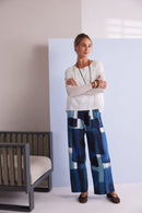 Patchwork Print Pull Up Trouser - Denim Blue