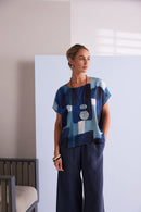 Patchwork Print Round Neck Top - Denim Blue