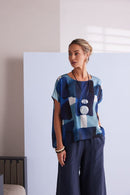 Patchwork Print Round Neck Top - Denim Blue