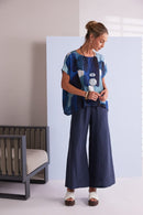 Patchwork Print Round Neck Top - Denim Blue