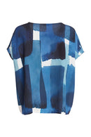 Patchwork Print Round Neck Top - Denim Blue