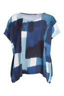Patchwork Print Round Neck Top - Denim Blue