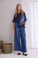 Denim Look Placement Print Top - Denim Blue