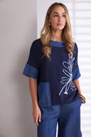 Denim Look Placement Print Top - Denim Blue