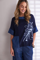Denim Look Placement Print Top - Denim Blue