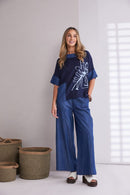 Denim Look Placement Print Top - Denim Blue