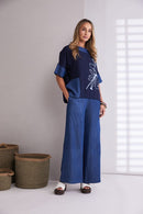 Denim Look Placement Print Top - Denim Blue