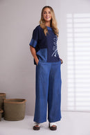 Denim Look Placement Print Top - Denim Blue