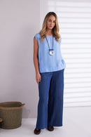 Round Neck Sleeveless Satin Top - Blue