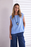 Round Neck Sleeveless Satin Top - Blue