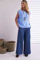Round Neck Sleeveless Satin Top - Blue