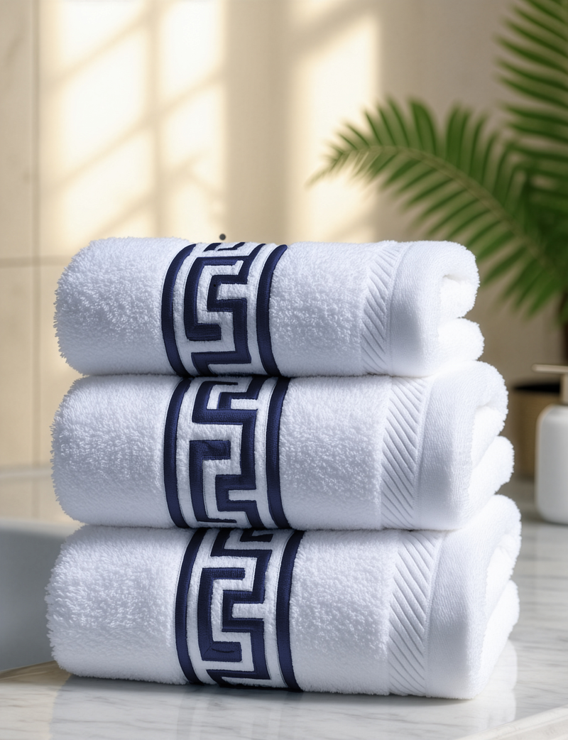Greek Key Embroidered Towel - Navy