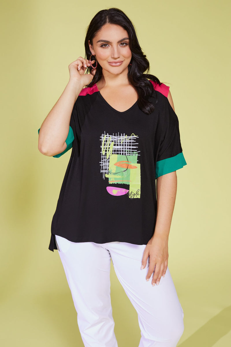 Cold Shoulder Colour Panels Top - Black/kelly