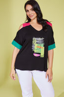 Cold Shoulder Colour Panels Top - Black/kelly