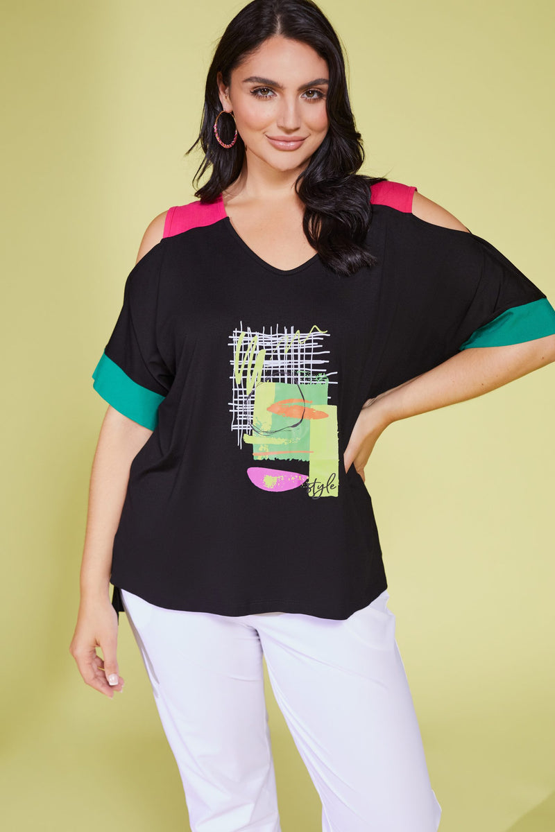 Cold Shoulder Colour Panels Top - Black/kelly