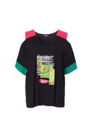 Cold Shoulder Colour Panels Top - Black/kelly