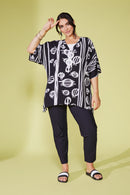 V NECK PRINT TOP/RING DETAIL - Black/grey