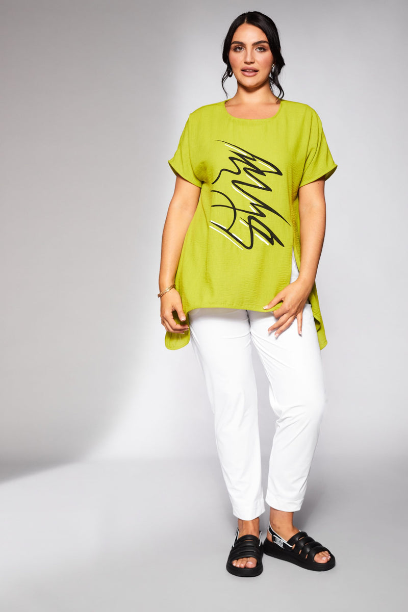 Dipped Hem Placement Print Top - Lime