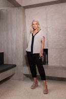 Contrast Front Jersey V Neck Top - Sand/black