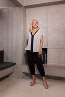 Contrast Front Jersey V Neck Top - Sand/black